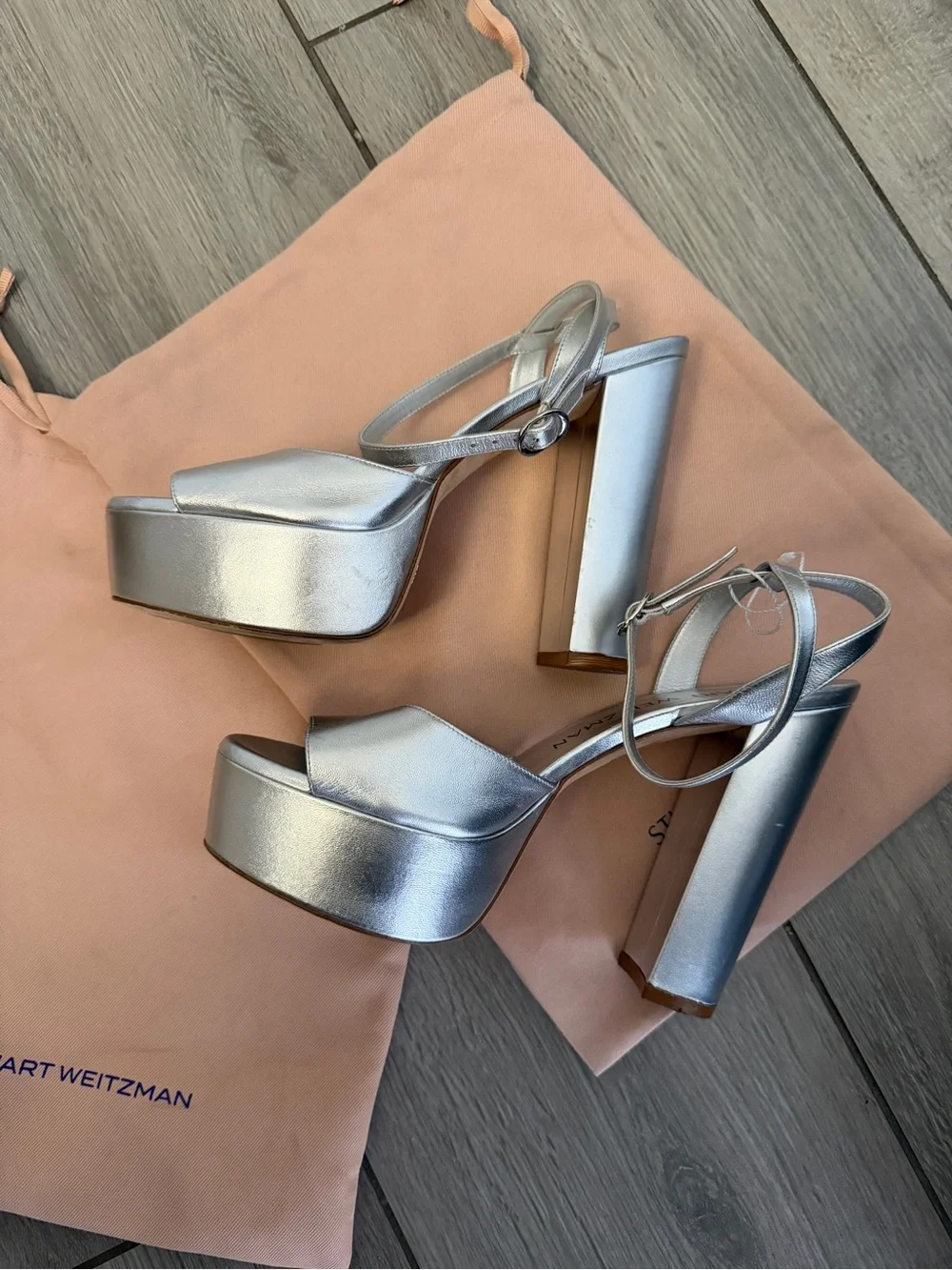 Stuart Weitzman Metallic Silver Platform Block Heel Sandals like new!!